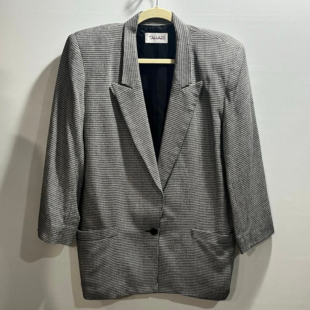 * Tahari Vintage Houndstooth Black White Size‎ 4 Workwear Rayon jacket Blazer
